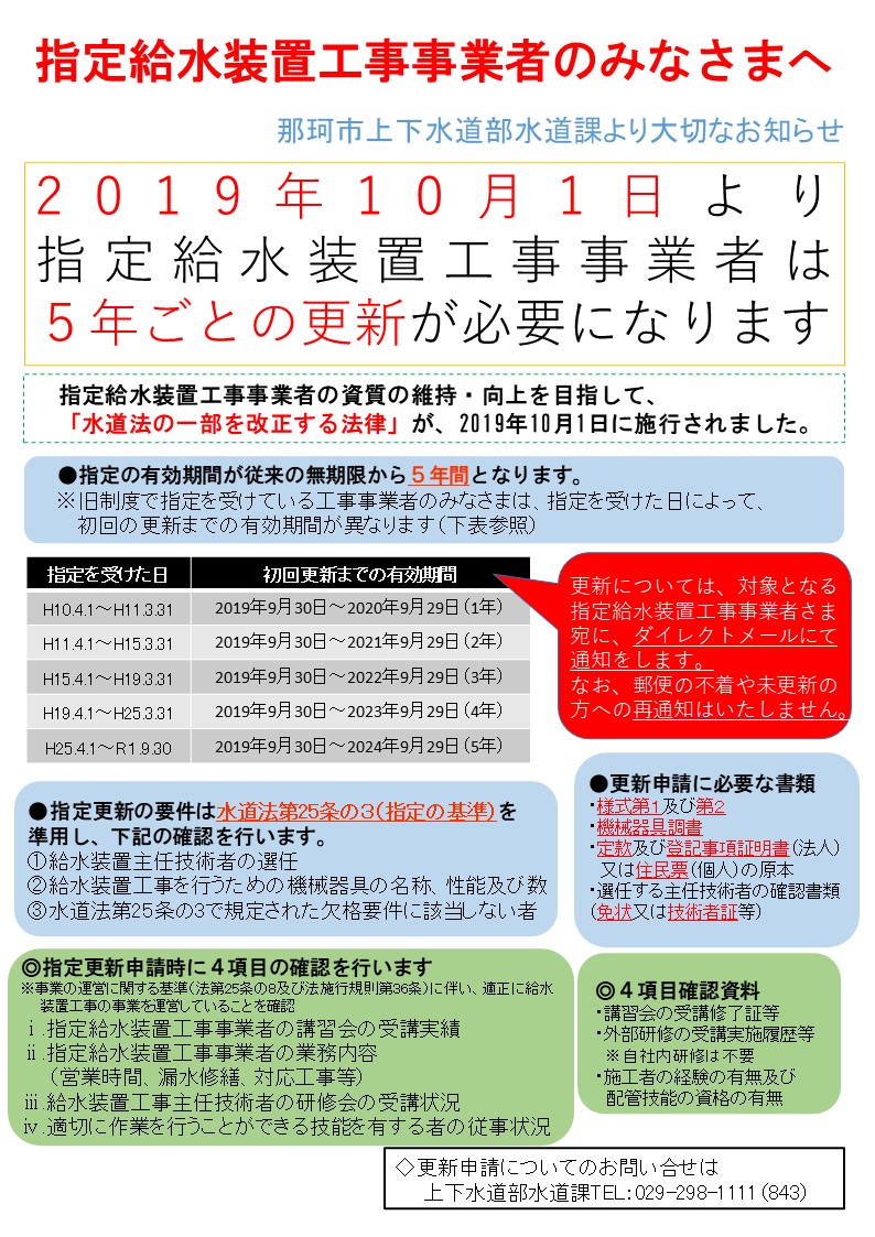 指定給水装置工事事業者制度の更新関係 | 那珂市公式ホームページ